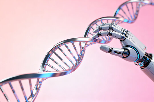 Robotic hand interacting with a DNA double helix structure against a pink background