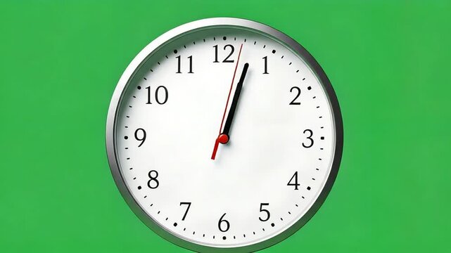 Clock hands approaching midday, signifying time, deadlines, and urgency on green background, ideal for time-sensitive projects