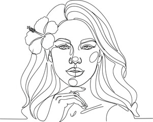 Continuous line woman portrait with hibiscus flower, elegant black and white sketch for fashion, beauty, decor, and design themes