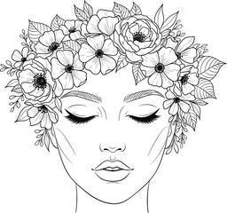 Black and white floral hair portrait of closed-eye woman in line art style for tattoo, fashion, beauty, decor, coloring