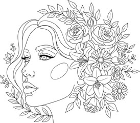 Detailed floral hair profile of serene woman in black and white line art for tattoo, fashion, coloring, and decoration