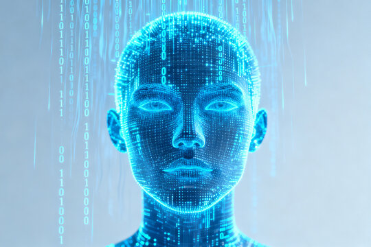 Digital human head composed of binary code with glowing blue data streams
