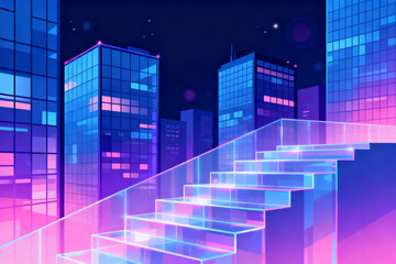 Neon-lit futuristic cityscape with glowing transparent stairs leading upward at night