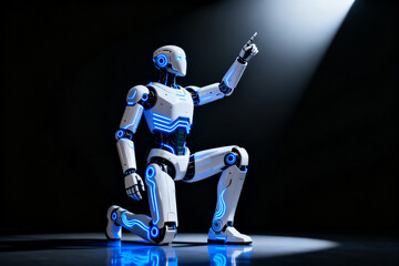 Humanoid robot in dynamic pose with illuminated blue circuits under spotlight