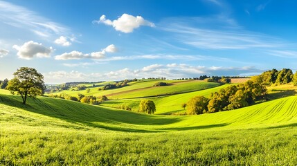Fototapeta premium Sunny Rural Landscape Rolling Green Hills Lush Fields Blue Sky