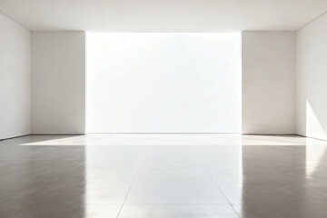 Minimalist empty room with white walls and polished concrete floor, illuminated by natural light from a large window