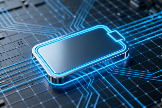 Futuristic battery cell illuminated with blue light on a circuit board background