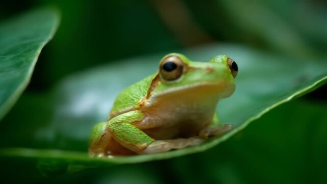 Vibrant green frog perched on leaf capturing macro detailed close up