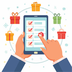 Person Interacting With Digital Tablet Surrounded By Festive Gift Boxes and Snowflake Decorations