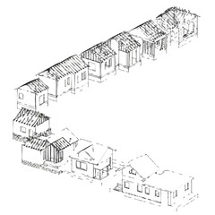 An intricate black and white architectural sketch illustrates a winding row of diverse residential homes, showcasing urban planning and community development concepts.