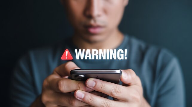 Man using smartphone with warning message about online scam and virus