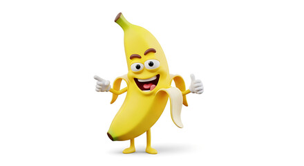 Obraz premium Cartoon banana character smiling, partially peeled, giving a thumbs up gesture with both hands, isolated on a white background.