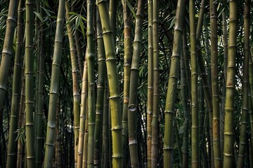 Fototapeta premium Dense bamboo forest with green stalks and shadows — atmosphere of calm and natural strength