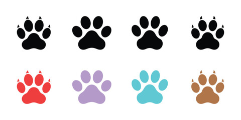 Fototapeta premium Collection of Eight Colorful Animal Paw Prints Including Cat and Dog Paws