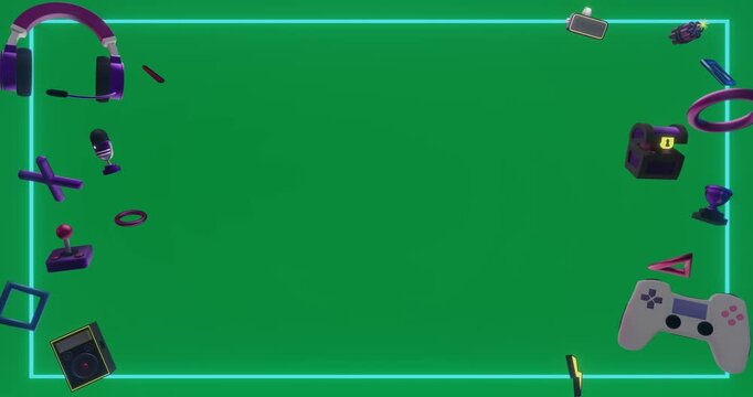 Animation of gaming items with neon frame and copy space on transparent background