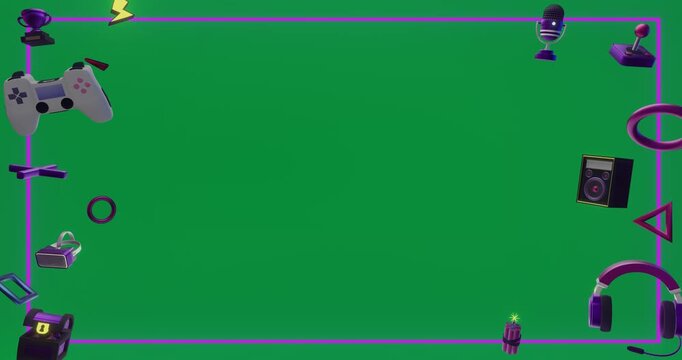 Animation of gaming items with neon frame and copy space on transparent background