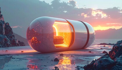 Giant pill-shaped vessel glows at sunset, resting on a desolate beach