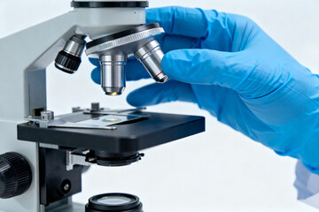 Scientist adjusting microscope objective lens in laboratory setting