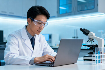 Scientist working on laptop in laboratory with microscope and test tubes