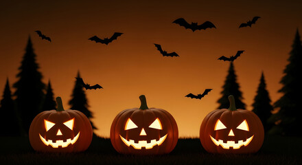 Glowing Jack O'Lanterns with flying bats, Halloween night scene with spooky orange ambiance