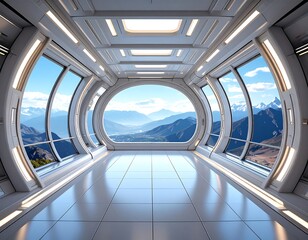Obraz premium Futuristic spaceship corridor with large windows showcasing a scenic mountain vista