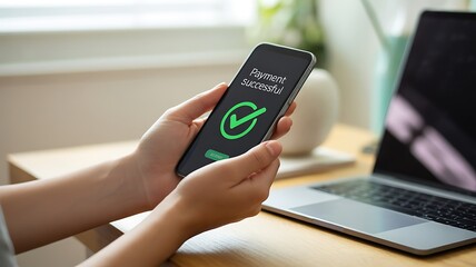 Successful online payment on smartphone with check mark and laptop on desk