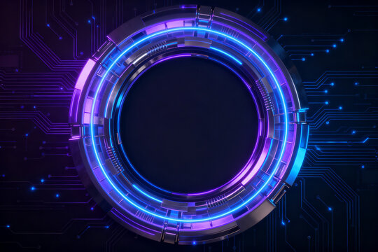 Futuristic circular interface with glowing blue and purple neon lights on a dark technological background