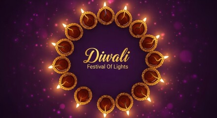 Festive diwali celebration with a circle of glowing diyas and ornamental text illustration