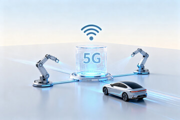 5G connectivity linking robotic arms and a smart car in a futuristic setting