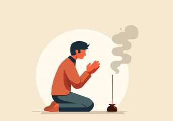 Flat illustration of a man praying with incense sticks.