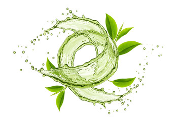 Fototapeta premium Refreshing green liquid splash with vibrant green leaves, symbolizing natural vitality and healthy hydration, isolated on a clean white background.