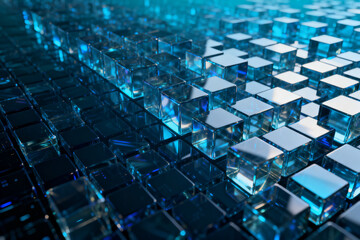 Obraz premium Array of transparent blue cubes forming a futuristic grid pattern with reflective surfaces
