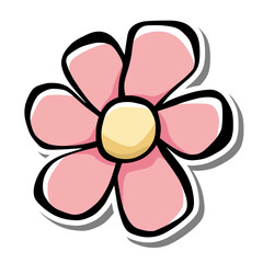 Cute cartoon flower with pink petals and yellow center. Minimal ink style, perfect for spring designs, greeting cards, and decorative projects.