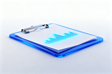 Clipboard with transparent blue cover holding a document featuring a glowing upward arrow graph