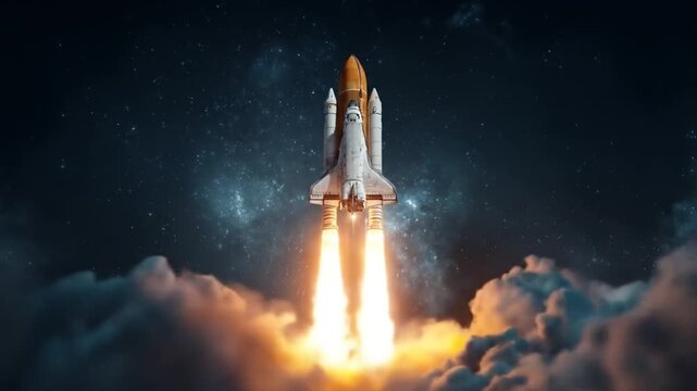 Spacecraft launching through clouds in night sky above stars