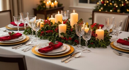 Fototapeta premium Elegant Christmas dinner table setting with glowing candles and festive decorations