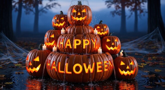 A fountain made of Jack-o’-lantern pumpkins with glowing faces, displaying the text “Happy Halloween.”