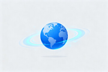Blue globe with orbiting rings on a light background