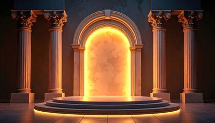 Glowing archway between classical columns on a tiered platform