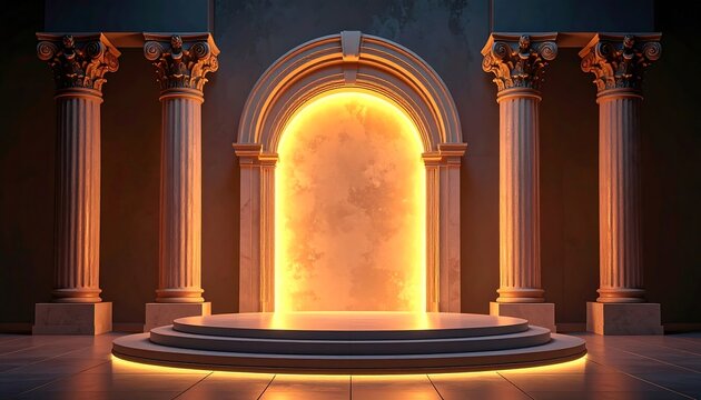 Glowing archway between classical columns on a tiered platform