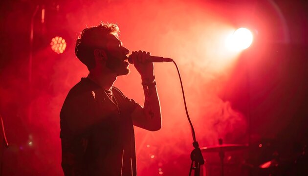 Silhouette of a singer performing on stage, bathed in red light (1)