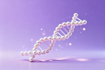 3D rendering of a DNA double helix structure composed of pearl-like spheres on a purple background