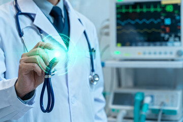 Doctor using futuristic medical device in hospital setting with monitoring equipment in background