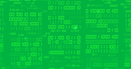Animation of green binary data processing with light spots on transparent background - Powered by Adobe