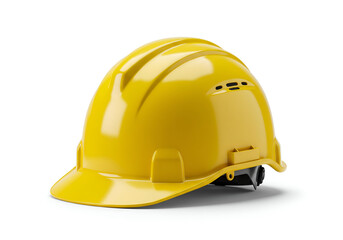 A bright yellow protective hard hat resting on a pristine white surface, emphasizing safety and construction, and representing workplace regulations.