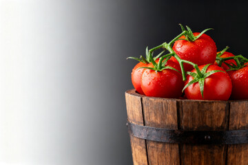 Fresh red tomatoes on the vine placed in a wooden barrel against a gradient background