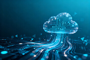 Digital cloud with circuit patterns and data streams flowing through a futuristic network
