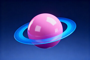 A stylized pink planet with a blue ring, set against a dark blue background.