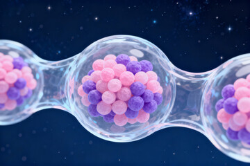 Microscopic view of spherical particles in transparent compartments against a starry background