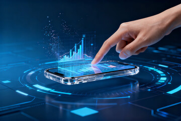Hand interacting with a futuristic transparent smartphone displaying holographic data graphs